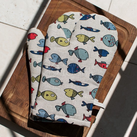 Colourful half-linen oven mitt "Small fish"